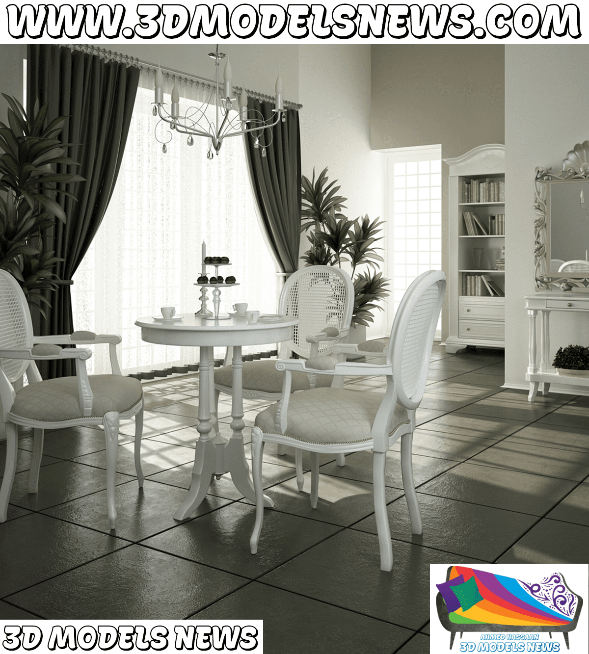 Classic interior scene with small table with chairs console and library