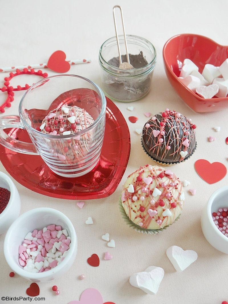 Valentine's Day Hot Cocoa Bombs Gifts & My Homemade Hot Chocolate Mix Recipe - quick, easy treat to make with kids or to gift to teachers and friends! by BirdsParty.com @birdsparty #valentinesday #hotcocoa #hotchocolate #hotcocoabombs #hotchocolate #valentinesdaygifts