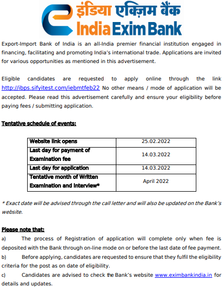 Exim Bank MT Recruitment 2022 Apply Online