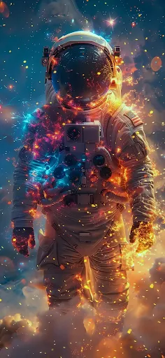 Astronaut enveloped in celestial lights, floating amidst a cosmic nebula with stars glittering in the background.