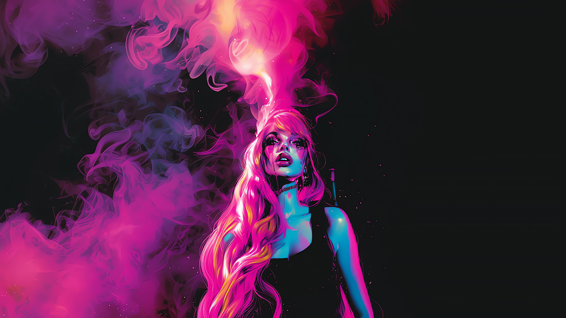 A woman with flowing hair emerges from vibrant neon smoke in shades of pink and blue, creating an otherworldly and captivating scene.
