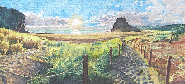 Watercolour of Piha Beach, Lion Rock and the Tasman Sea on a sunny day, "Piha Beach," by William Walkington in 2017