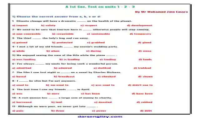 احدث امتحان لغة انجليزية على اول ثلاث وحدات للصف الاول الثانوي الترم الاول 2022 اعداد مستر محمد عماره