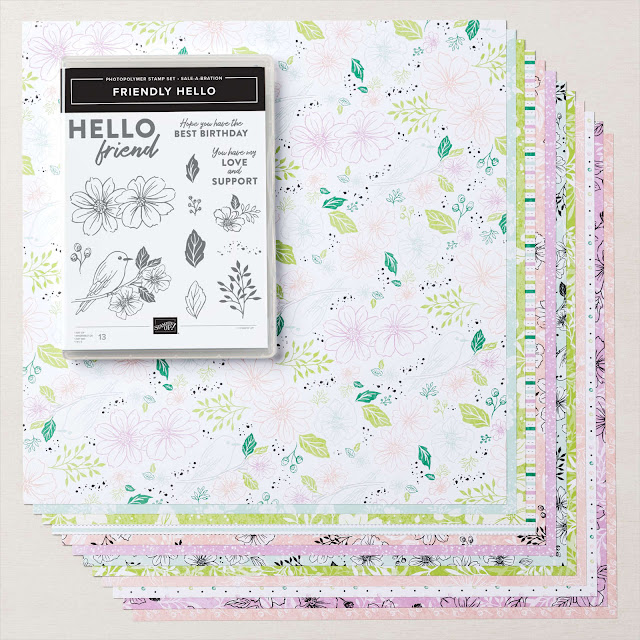 FRIENDLY HELLO stempelset en design papier gratis verkrijgbaar tijdens SALE A BRATION