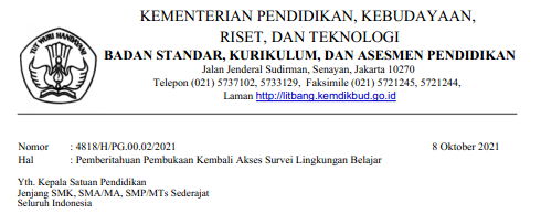 Surat Edaran Guru Wajib Melengkapi Jawaban Survei Lingkungan Belajar pada Asesmen Nasional tahun 2021