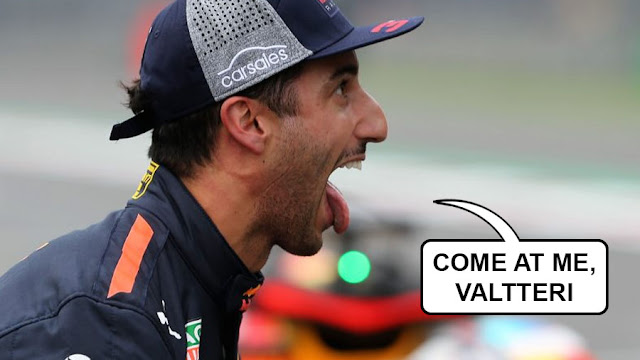 Ricciardo pulling a face, taunting with "come at me, Valtteri!"