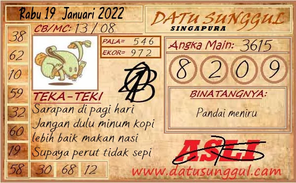 Prediksi Datu Sunggul SGP Rabu 26 Januari 2022