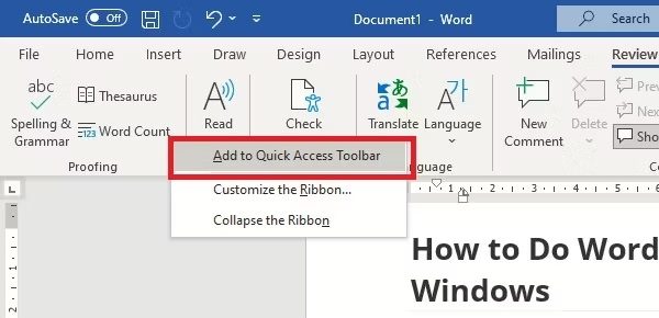 قم بحساب عدد الكلمات في Word من خلال شريط أدوات الوصول السريع