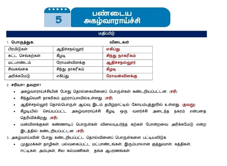 6th Social Science Refresher Course Answer key Unit 5. பண்டைய அகழ்வாராய்ச்சி Tamil Medium