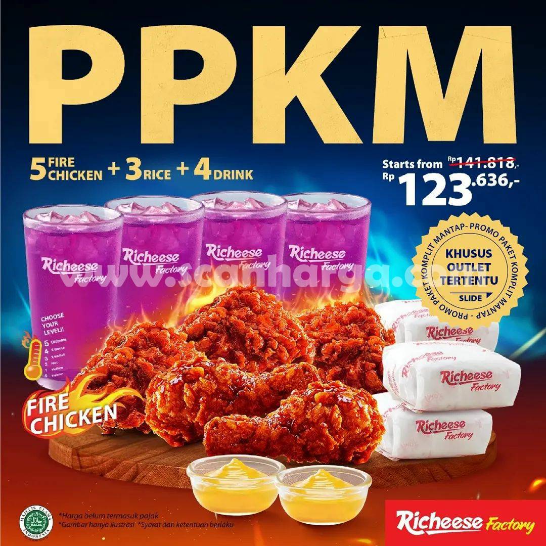 Promo PPKM Richeese Factory Menu 5 Ayam + 3 Nasi + 4 Minuman Cuma Rp. 123.636
