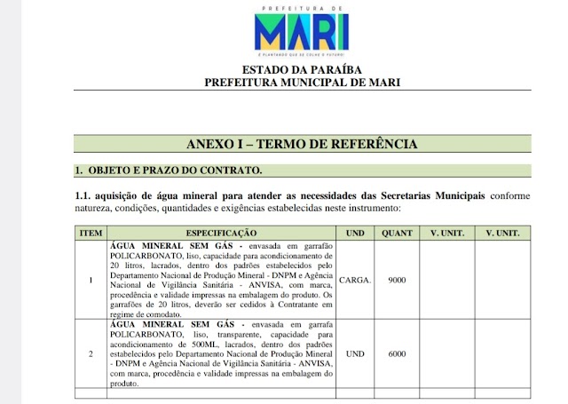 Prefeitura de Marí/PB abre licitação para compra de água mineral; 6 mil garrafas de 500ml e 9 mil litros em garrafões de 20 