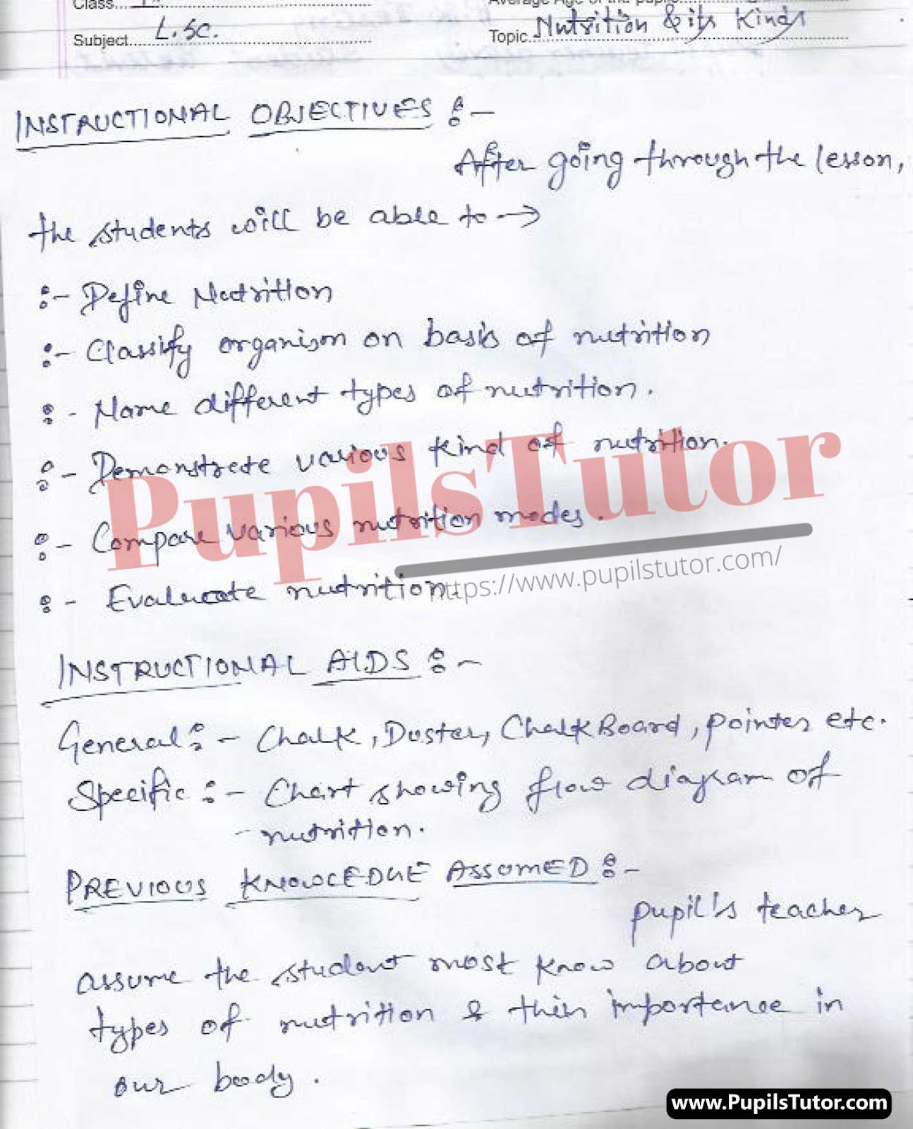 Life Science Lesson Plan For Class 9 On Nutrition – (Page And Image Number 1) – Pupils Tutor
