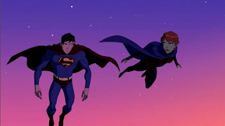 Image of Superboy dressed as Superman flying with Miss Martian