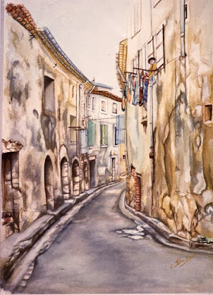 MURVIEL LES BEZIERS WATERCOLOR BY CLAUDE DUBOIS