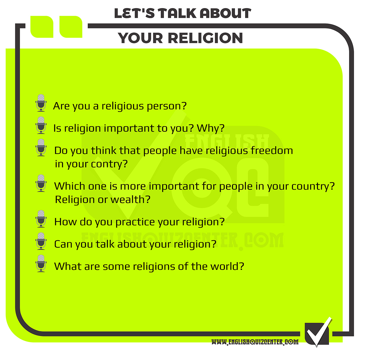 Talking about your religion in English. Speaking exams, speaking tests and topics, speaking activities and speaking tests for English teachers.