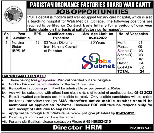 Pakistan Ordnance Factories POF Jobs 2022 In Wah Cantt