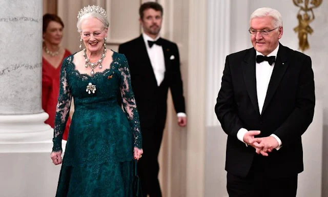 President Frank-Walter Steinmeier and First Lady Elke Büdenbender. Danish Queen Margrethe wore a green gown. pearls tiara and necklace