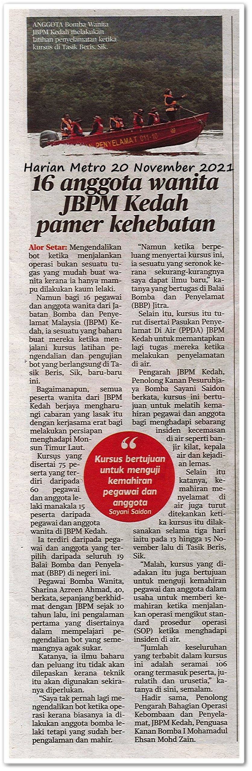 16 anggota wanita JBPM Kedah pamer kehebatan - Keratan akhbar Harian Metro 20 November 2021