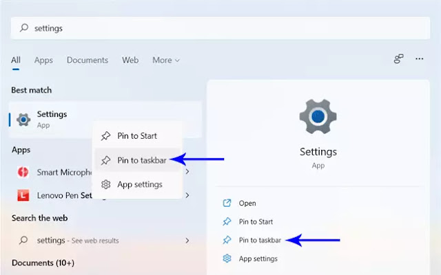 sematkan aplikasi settings ke taskbar