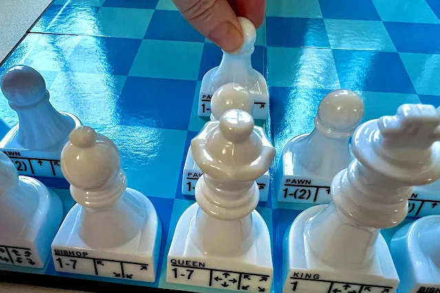 Playing chess with plastic chess pieces with diagrams on them to show how the pieces move