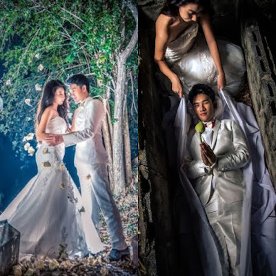 Young bride and groom pose in coffins for 'fake cremation' in funeral-themed pre-wedding shoot