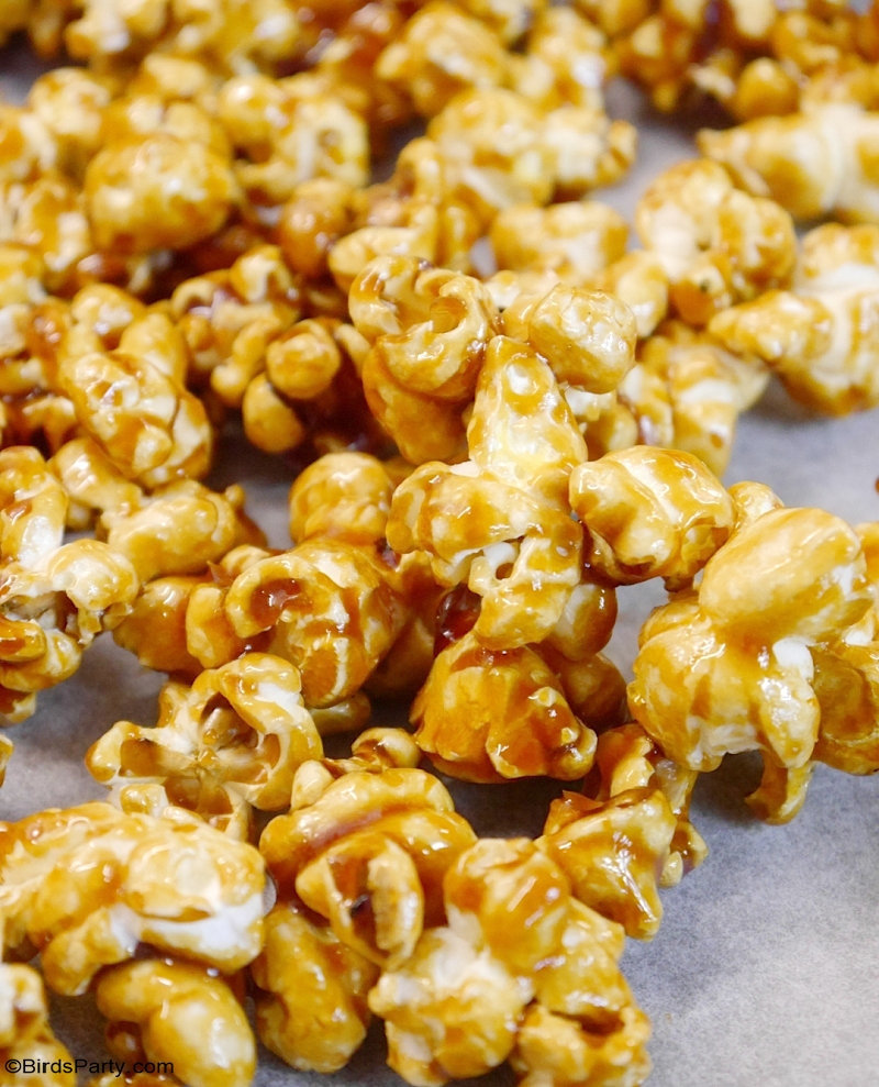 Salted Caramel Popcorn Recipe - quick, easy, cheap recipe for a Oscars movie night, popcorn bar, Super Bowl appetizer or party favor edible gift idea! by BirdsParty.com @BirdsParty #popcorn #caramelcorn #caramelpopcorn #saltedcaramel #saltedpopcorn #saltedcaramelpopcorn #popcornbar #movienight #oscars #superbowl #valentinesday #snacks #partyfavors #partyideas #ediblegifts #recipe #popcornprintables