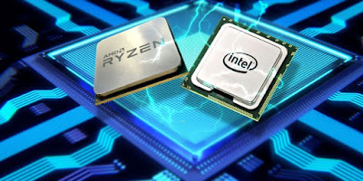 An illustration for MakeUseOf showing Intel CPU and AMD Ryzen CPU side by side.
