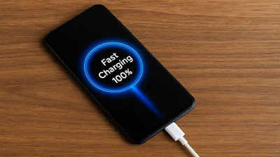 "स्मार्टफोन फास्ट चार्जिंग पर, स्क्रीन पर 'Fast Charging 100%' दिखाते हुए"