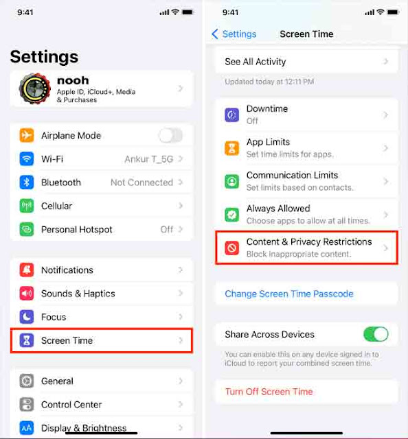 قيود المحتوى والخصوصية في إعدادات وقت شاشة iPhone