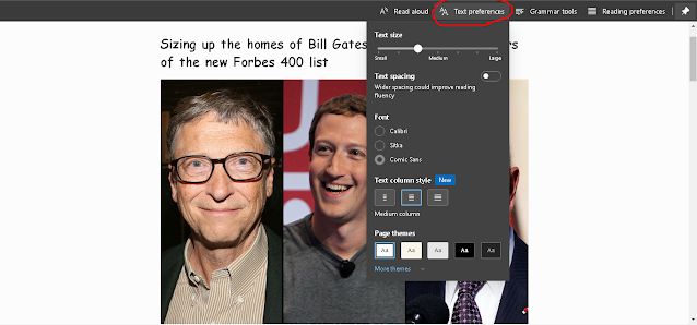 Text Prefences at reader mode on ms edge