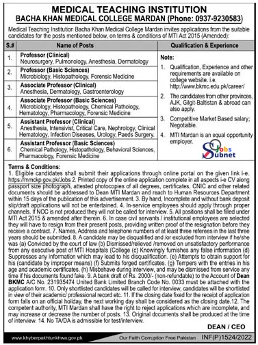 Today Bacha Khan Medical College (BKMC) Mardan MTI Jobs 2022