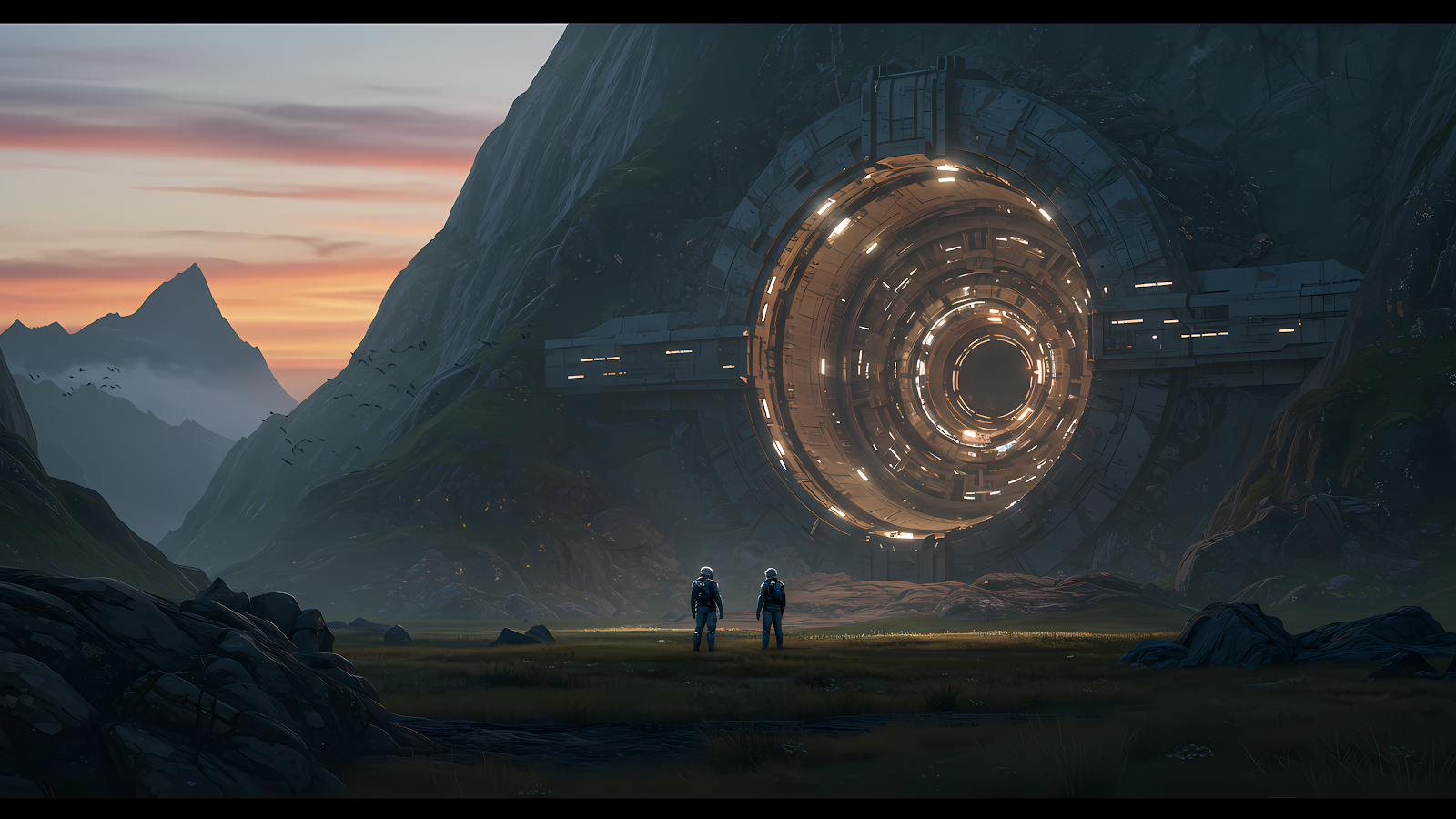 Two figures standing before a large, circular, glowing structure embedded in a mountainside