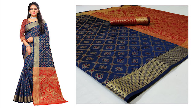 avy Blue Patola Silk Jacquard Weaving Rich Pallu And Brocade Blouse.