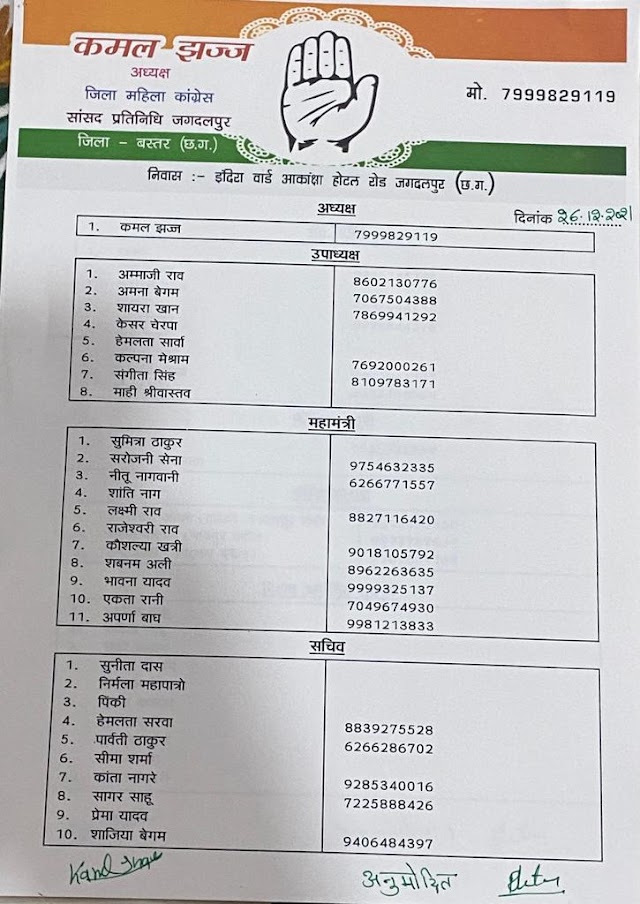 जगदलपुर:महिला कॉंग्रेस की कार्यकारिणी का हुआ विस्तार,संगीता सिंह व माही श्रीवास्तव का बढ़ा कद,मिली उपाध्यक्ष पद की जिम्मेदारी