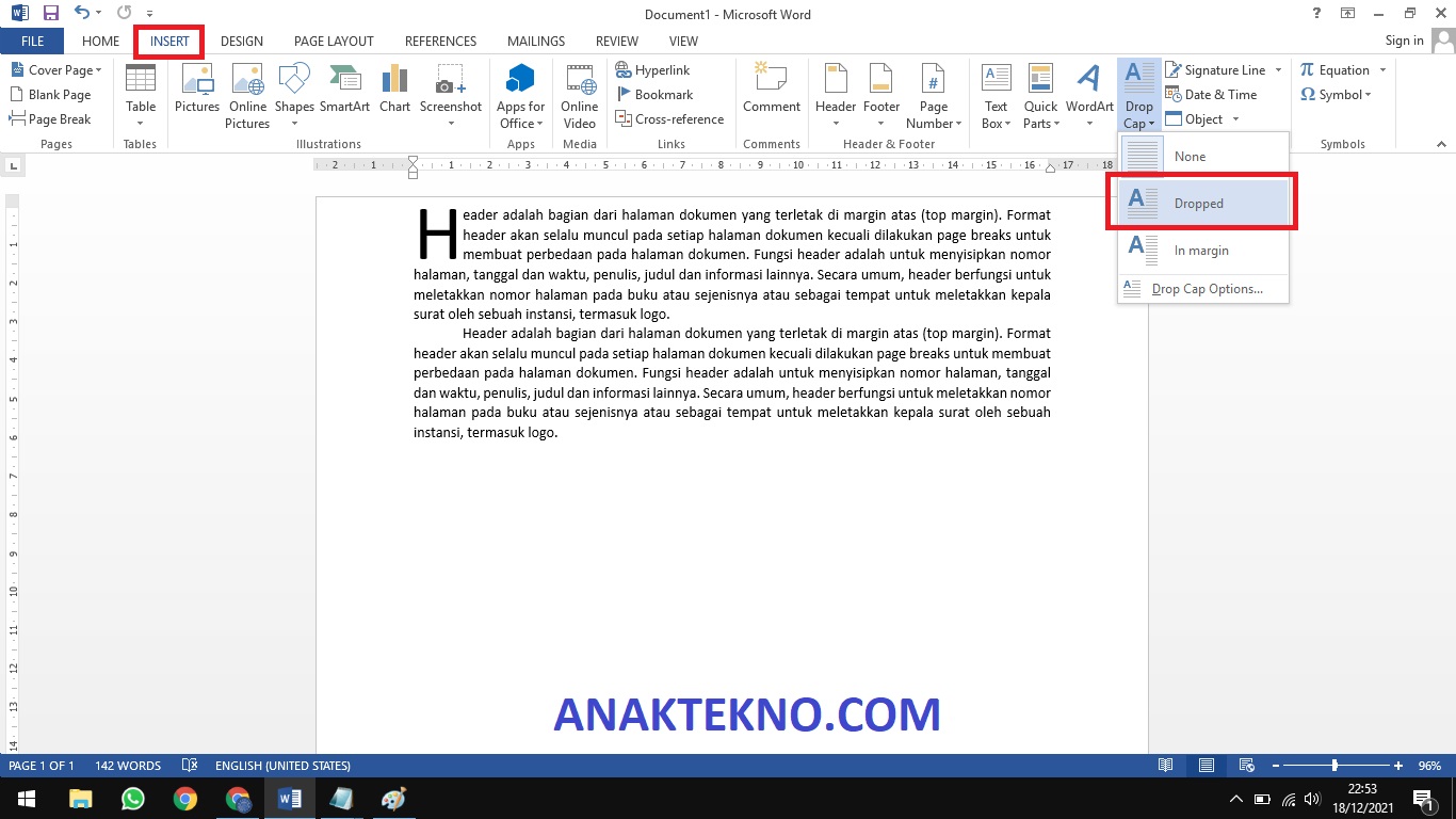 Cara membuat drop cap di Microsoft Word