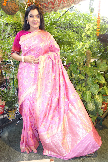 Rose pink Banarasi ektara silk saree