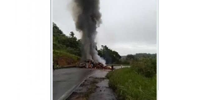Caminhão e carro pegam fogo após bater de frente na BR-101