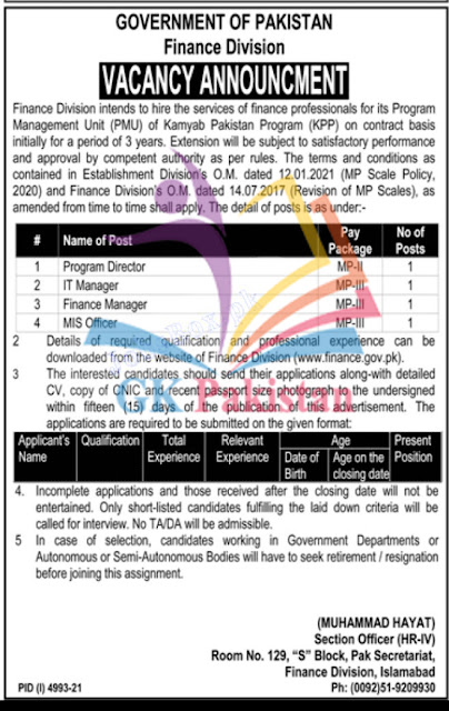 Finance Division Government of Pakistan Jobs 2022