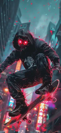 Mysterious figure in a hoodie skateboarding down a neon-infused cyberpunk cityscape with glowing red eyes.