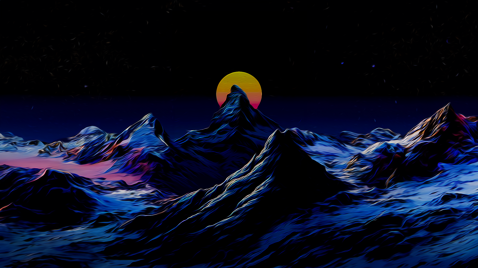A 4K wallpaper depicting a majestic mountain range bathed in the soft glow of a rising moon.