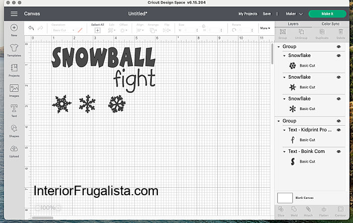 Screenshot of indoor snowball fight sign graphic in Cricut Design Space for cutting black vinyl.