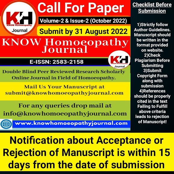 Call For Submission | KNOW Homoeopathy Journal (e-ISSN: 2583-2158) Volume-2 Issue-2