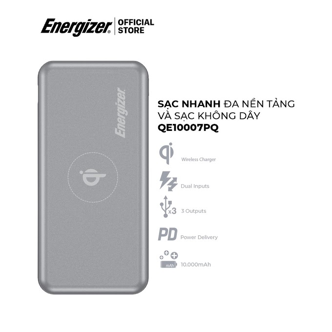 Mall Shop [ energizer_official_store ] Sạc dự phòng Energizer 10,000mAh QE10007PQ - tích hợp sạc nhanh đa nền tảng, sạc không dây 10W chuẩn Qi, PD 18W