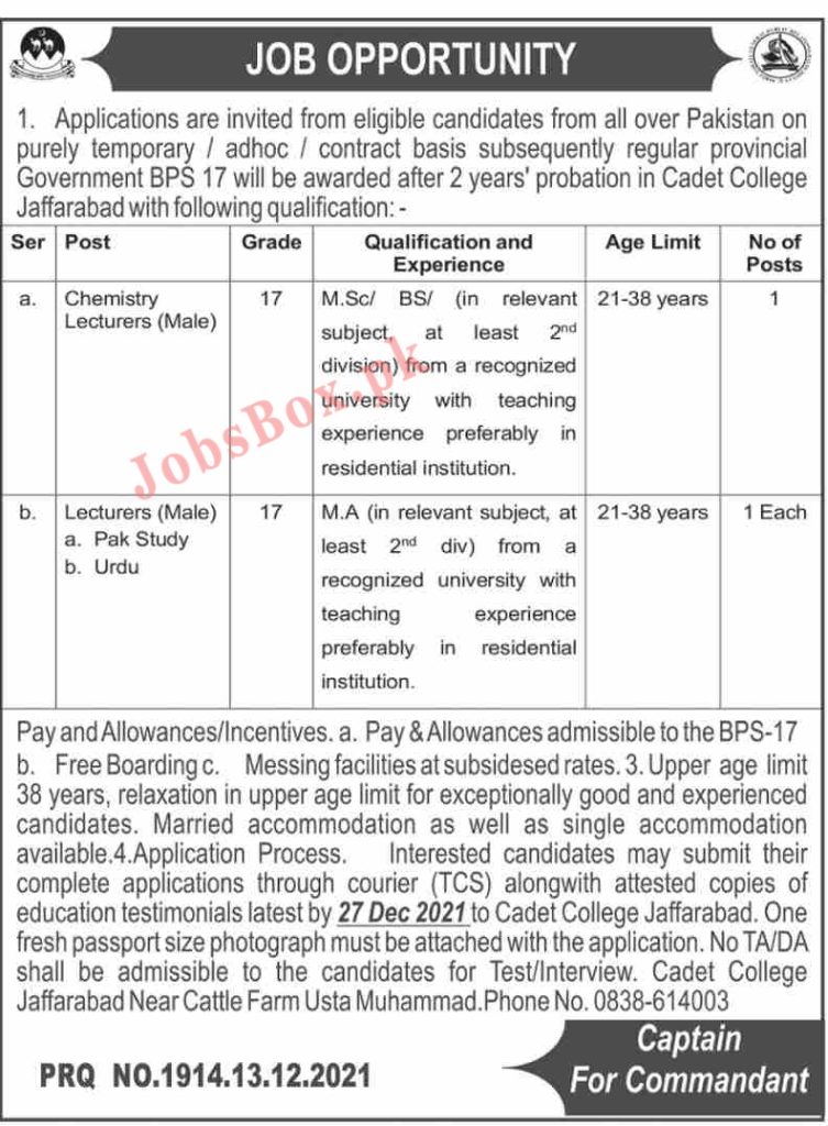 Cadet College Jaffarabad Jobs 2021 – Lecturers Vacancies