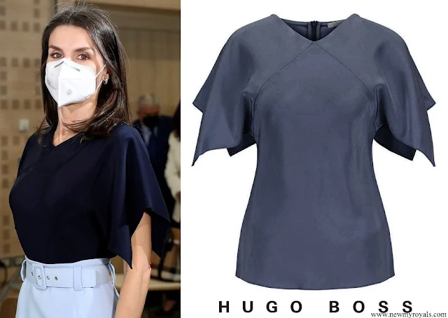 Queen Letizia wore Hugo Boss Ibiaska v-neck top in pure silk with flared sleeves