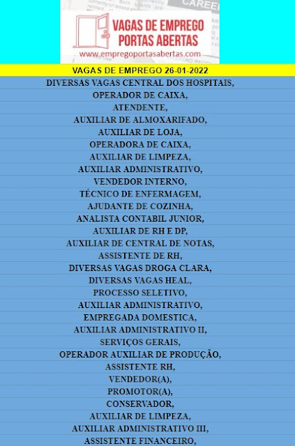 DIVERSAS VAGAS CENTRAL DOS HOSPITAIS, OPERADOR DE CAIXA, ATENDENTE, AUXILIAR DE ALMOXARIFADO, AUXILIAR DE LOJA, OPERADORA DE CAIXA, AUXILIAR DE LIMPEZA, AUXILIAR ADMINISTRATIVO, VENDEDOR INTERNO, TÉCNICO DE ENFERMAGEM, AJUDANTE DE COZINHA, ANALISTA CONTABIL JUNIOR, AUXILIAR DE RH E DP, AUXILIAR DE CENTRAL DE NOTAS, ASSISTENTE DE RH, DIVERSAS VAGAS DROGA CLARA, DIVERSAS VAGAS HEAL, PROCESSO SELETIVO, AUXILIAR ADMINISTRATIVO, EMPREGADA DOMESTICA, AUXILIAR ADMINISTRATIVO II, SERVIÇOS GERAIS, OPERADOR AUXILIAR DE PRODUÇÃO, ASSISTENTE RH, VENDEDOR(A), PROMOTOR(A), CONSERVADOR, AUXILIAR DE LIMPEZA, AUXILIAR ADMINISTRATIVO III, ASSISTENTE FINANCEIRO,