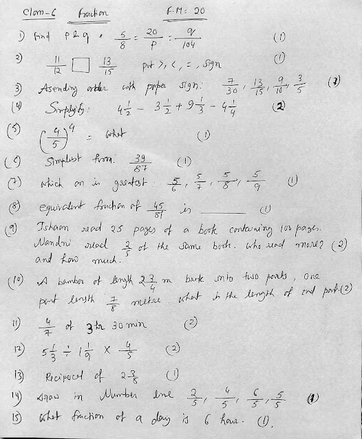 Class 6 Math Fraction Question Paper FM 20