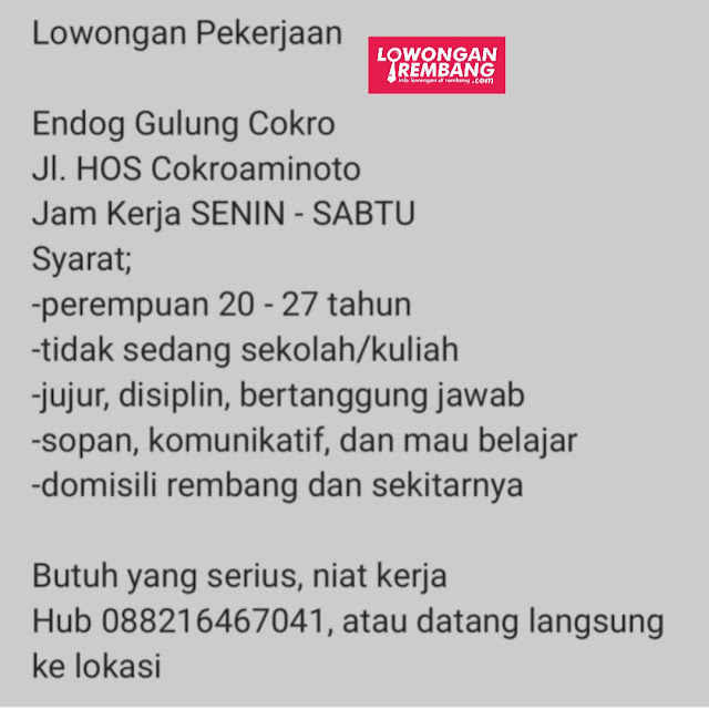 Lowongan Kerja Karyawati Endog Gulung Cokro Rembang