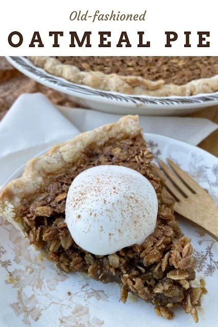 Slice of oatmeal pie with whipped cream and cinnamon on top.