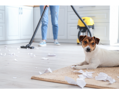 jack russell terrier dog shredding paper while owner hoovers up behind them